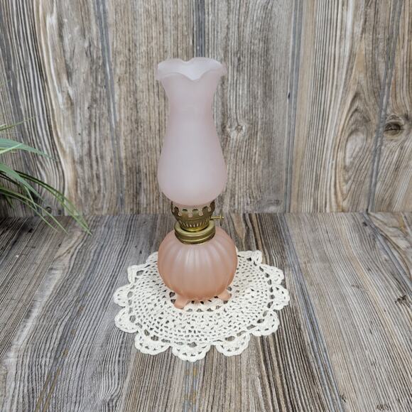 Vintage Pink Satin Miniature Hurricane Oil Lamp, Ruffled Chimney, 3 Footed - Picture 1 of 6